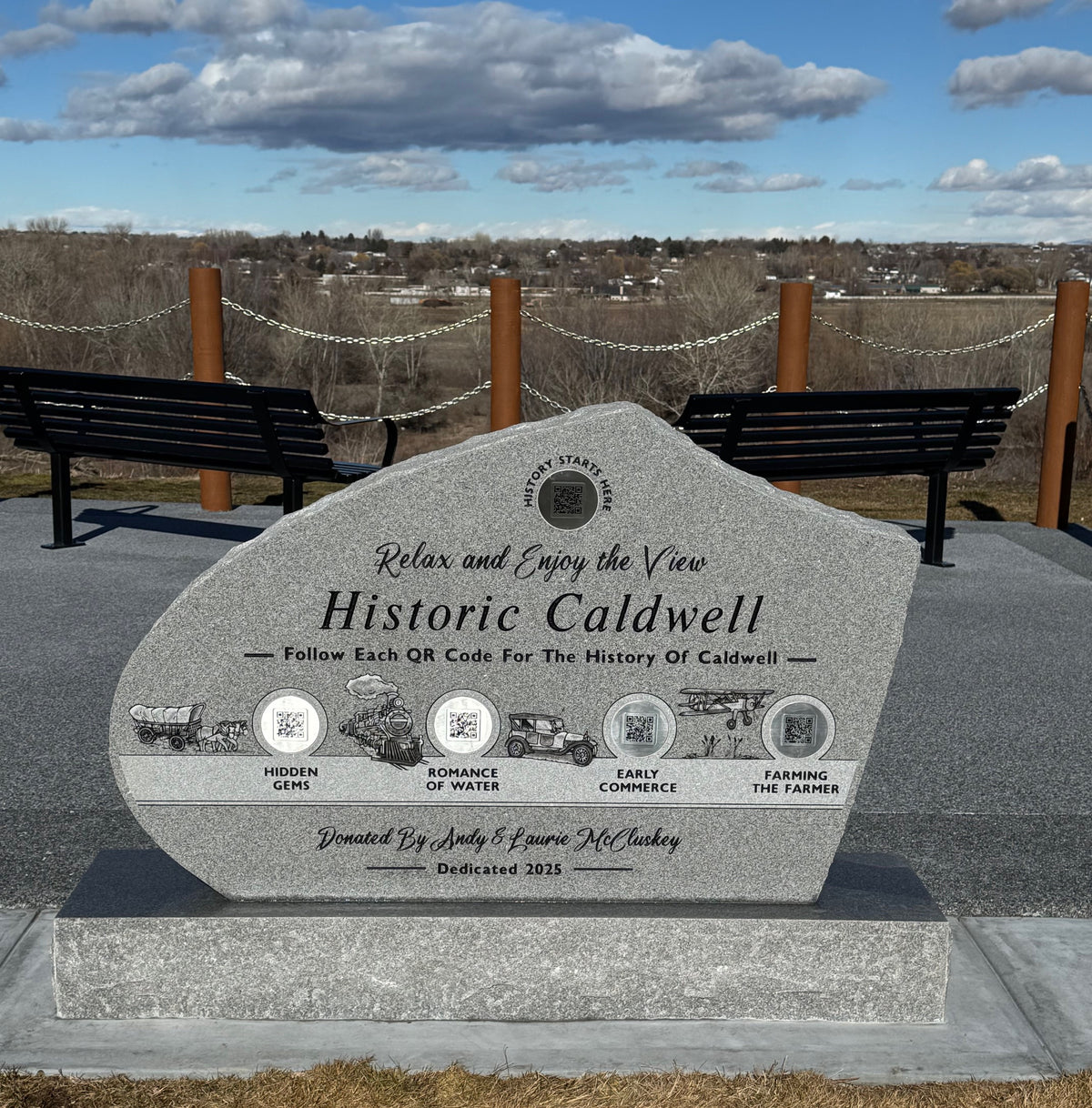 Historic Caldwell granite monument with QR code Memorial Medallions, dedicated 2025